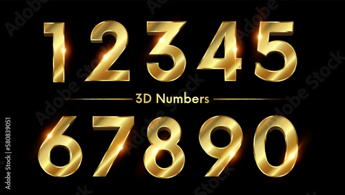 Golden Number 3D Style Font. one to Nine Isolated Letters. Birthday golden numbers Vector design elements. Golden numbers set. Vector 3d illustration. Realistic shiny characters