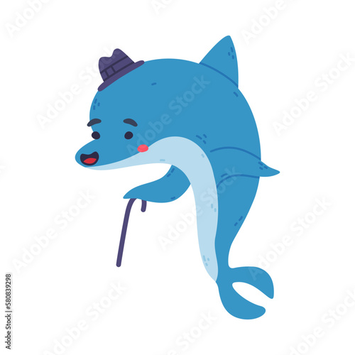 Cute dolphin in bowler hat walking with cane. Funny dolphinfish character cartoon vector illustration