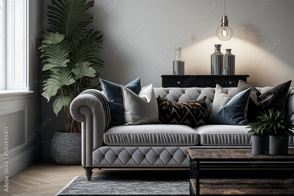 Living room interior with a gray velvet sofa against a white wall, Idea