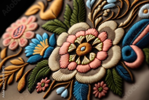 Close-up beautiful Ukrainian traditional style embroidery. Vyshivanka. AI generation