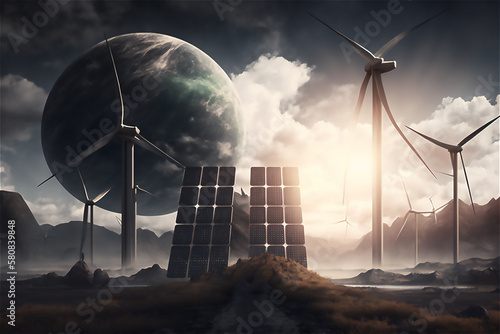 Sustainable Energy  Solar panels and wind mills are key players in green energy production. mart choice for cleaner and brighter future  generative ai