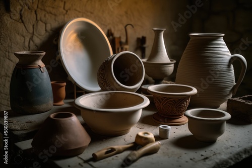Crafted pottery, still life of hand made pottery and ceramic bowls. AI generation