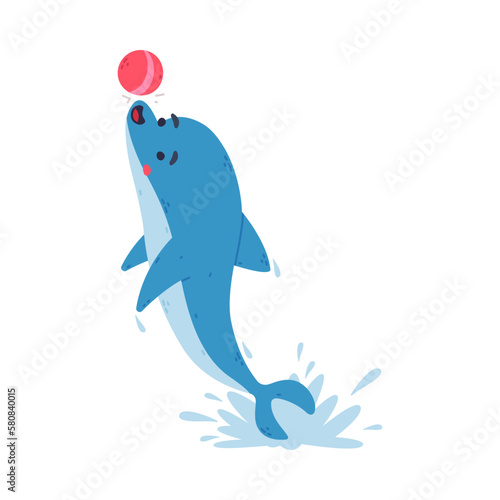 Cute dolphin playing red ball. Funny dolphinfish performing in dolphinarium cartoon vector illustration