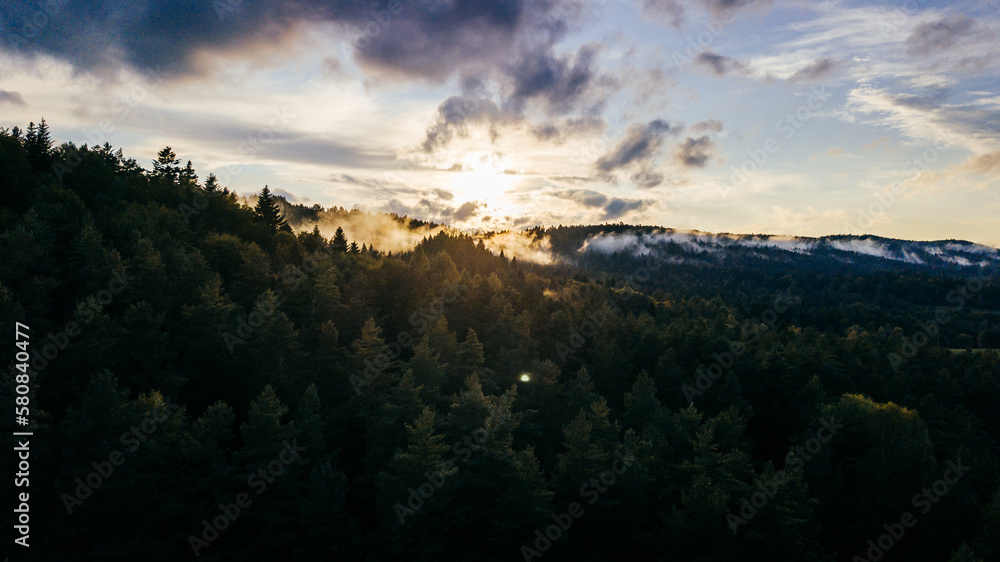 Beautiful view of a mountain with the sunset in the evening. Bieszczady mountains, Poland.