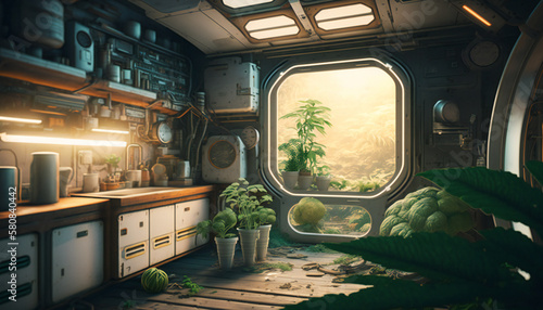 Fototapeta Naklejka Na Ścianę i Meble -  Space station with a view into space - Space wallpaper - Generative AI