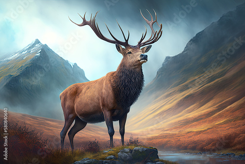A large male stag  monarch  with a large antler stands proud in the mountains next to a river. Generative AI