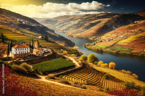 landscape image of a wine country under dramatic sky with a river in the valley. Generative AI