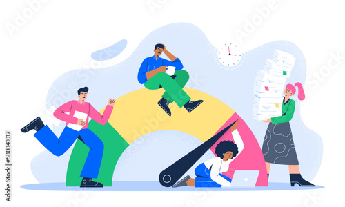 Frustrated and tired employees with time management problems. Stress in the office. Emotion exhaustion  stress  and burnout at work. Vector flat illustration isolated on the white background.