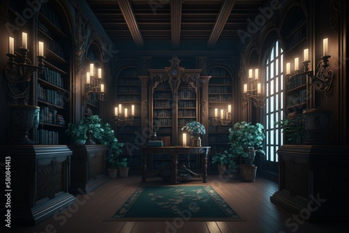 Old ornate abandoned Victorian library. AI generated