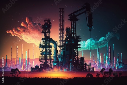 Oil gas industry business in fairy tale fantasy style. AI generated, human enhanced.