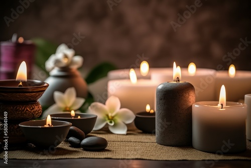 Spa setting with aromatic candles. Romantic atmosphere. Background with selective focus. AI generated