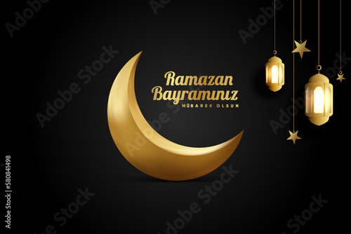 Islamic greetings ramadan kareem card design background with lanterns and crescent moon. (Translation: Ramazan bayramınız mubarek olsun.)