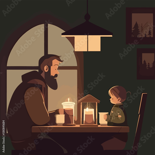 father and son having dinner at home pleasant environment