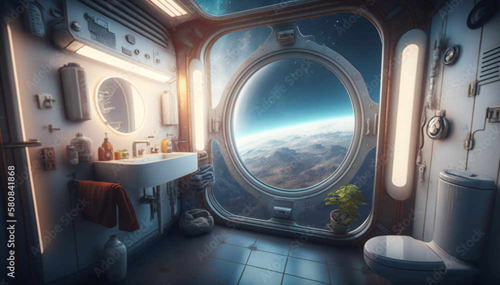 bathroom in Space station with a view into space - Space wallpaper - Generative AI bathroom in Space station with a view into space - Space wallpaper - Generative AI
