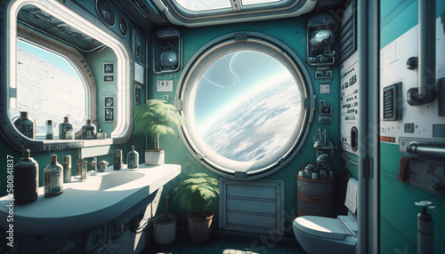 bathroom in Space station with a view into space - Space wallpaper - Generative AI photo