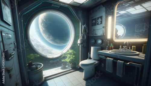 Fototapeta Naklejka Na Ścianę i Meble -  bathroom in Space station with a view into space - Space wallpaper - Generative AI