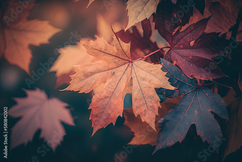 closeup of colorful autumn leaves. vintage color look. Generative AI