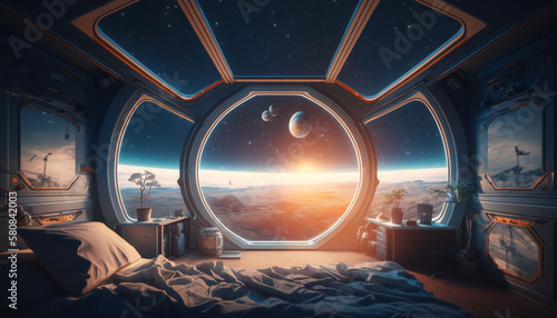Bedroom in Space station with a view into space - Space wallpaper - Generative AI © The_AI_Revolution