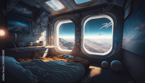 Photo Bedroom in Space station with a view into space - Space wallpaper - Generative A