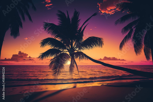 silhouette of palm trees on a beautiful beach at sunrise. Generative AI