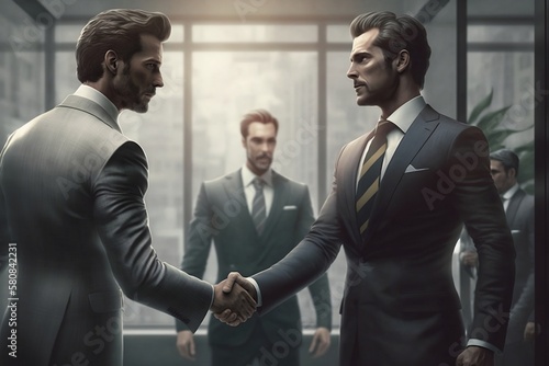 Office setiing handshake, closing a deal. Generative AI photo