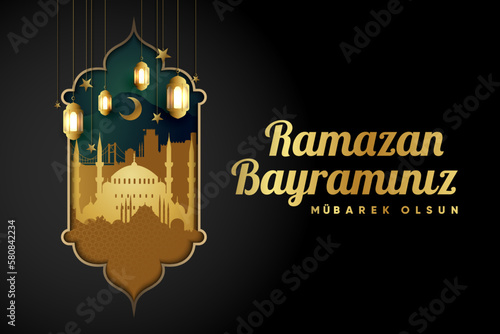 Islamic greetings ramadan kareem card design background with lanterns and crescent moon. (Translation: Ramazan bayramınız mubarek olsun.)