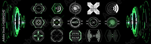 Futuristic Vector HUD Interface Screen Design. Digital callouts titles. HUD UI GUI futuristic user interface screen elements set. High tech screen for video game. Sci-fi concept design.