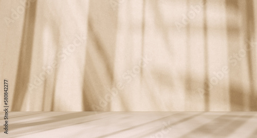 Sunlight window shadows in empty beige color room, object placement background,  3d rendering