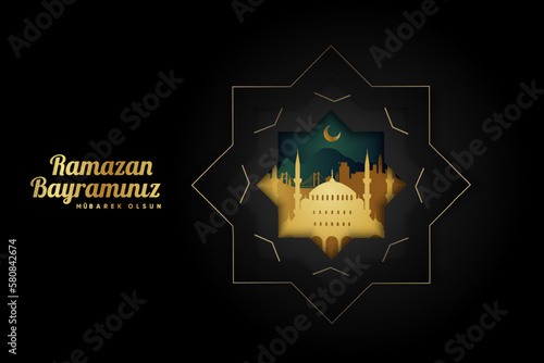 Islamic greetings ramadan kareem card design background with lanterns and crescent moon. (Translation: Ramazan bayramınız mubarek olsun.)
