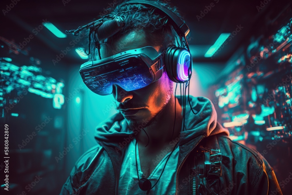 Young man wearing virtual reality glasses. AI generated, human enhanced. Young man wearing virtual reality glasses. AI generated, human enhanced.
