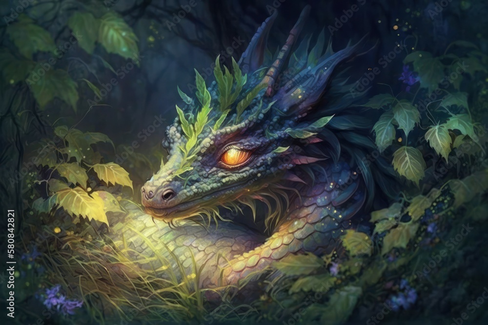 Beautiful dragon in the night forest, selective focus. AI generated, human enhanced Beautiful dragon in the night forest, selective focus. AI generated, human enhanced