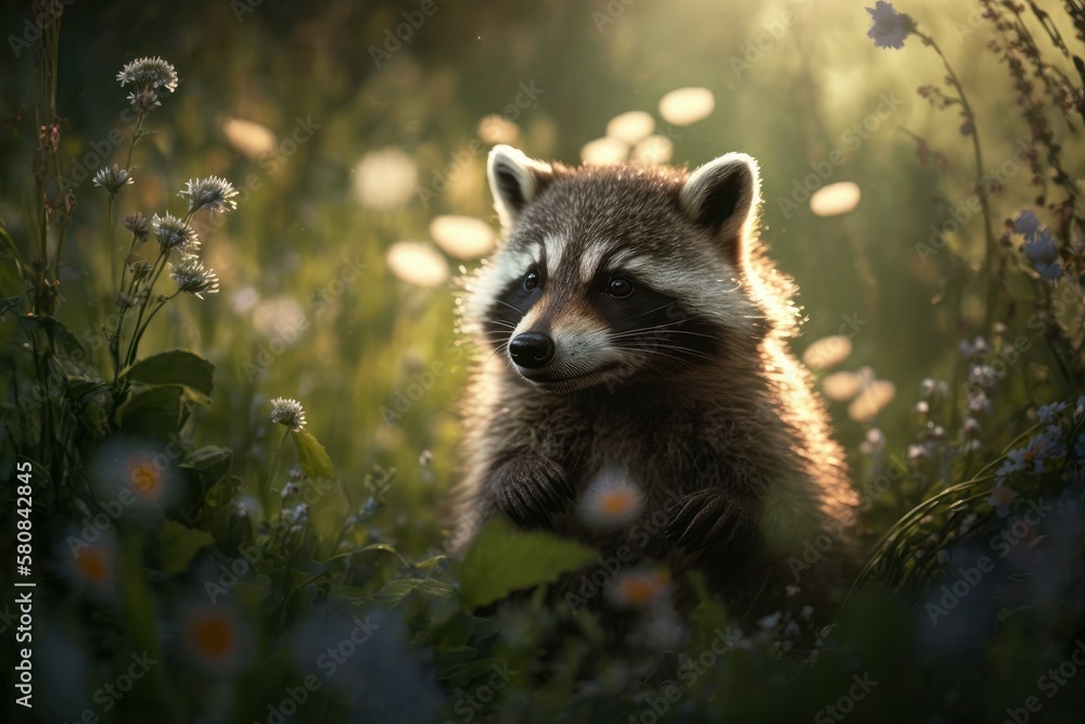 Portrait of a cute beautiful raccoon, selective focus. AI generated, human enhanced