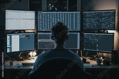Programmer working on computers with multiple monitors, selective focus. AI generated