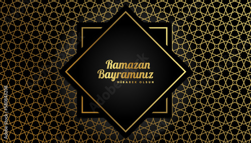 Islamic greetings ramadan kareem card design background with lanterns and crescent moon. (Translation: Ramazan bayramınız mubarek olsun.)