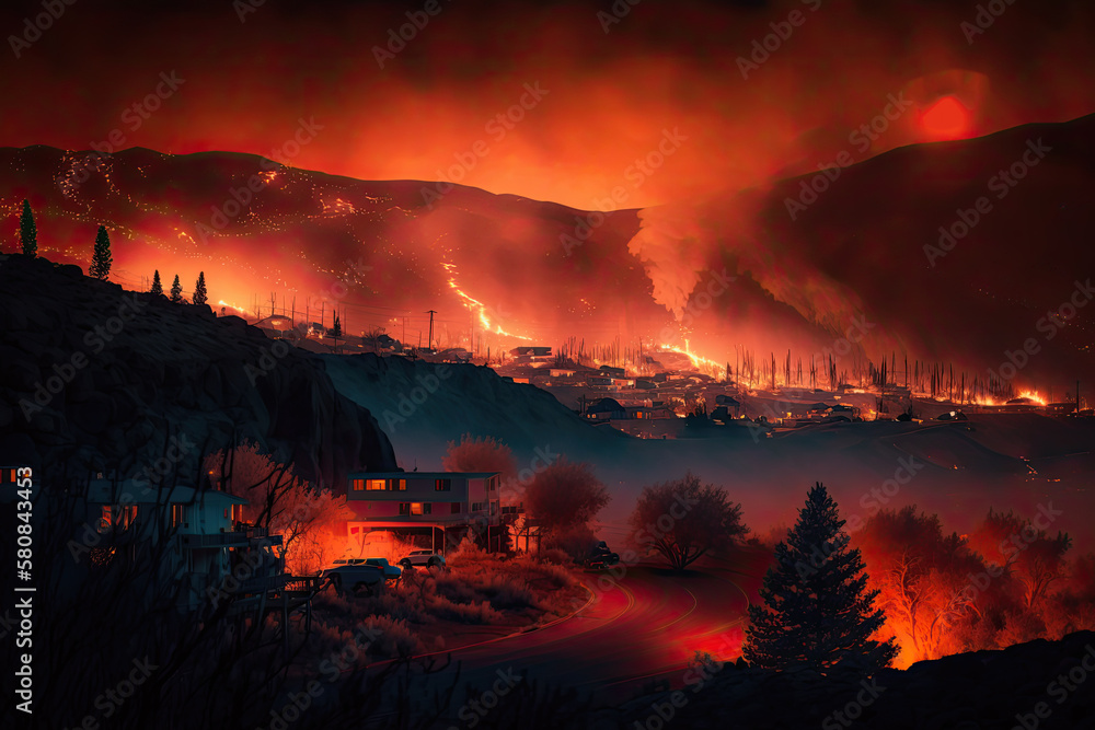forest fire disaster at night burning trees and houses. Generative AI