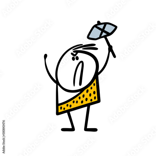 Cartoon angry prehistoric man dressed in animal skin brandishes a stone axe and threatens enemies.