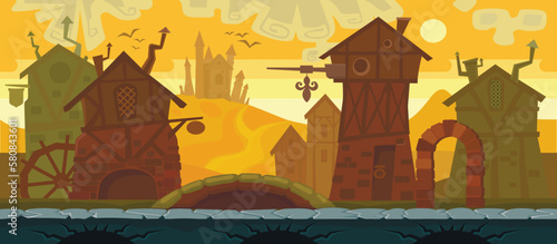 Background for computer game, medieval city. Seamless background. Vector assets  for mobile games. 
Half-timbered houses, pavement and castle on the mountain. Cartoon vector illustration