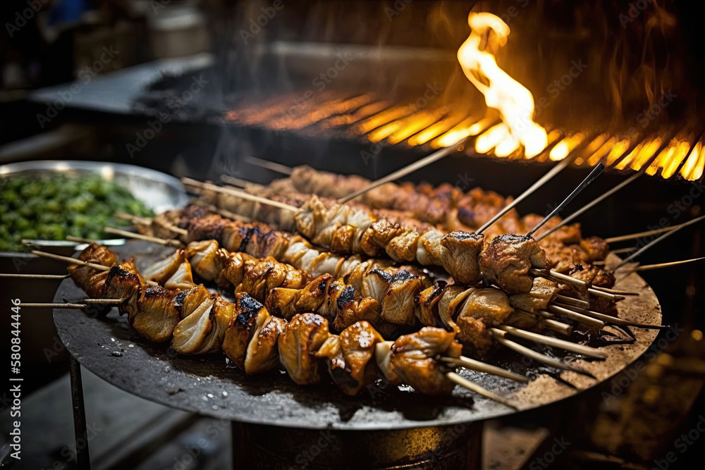 Beer Brats and side dishes, carrots, Chicken and Kebabs, generative