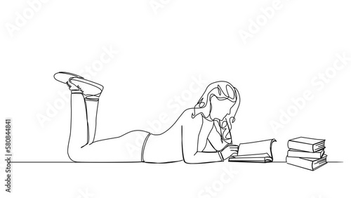 animated continuous single line drawing of woman on floor in prone position reading a book, line art animation photo