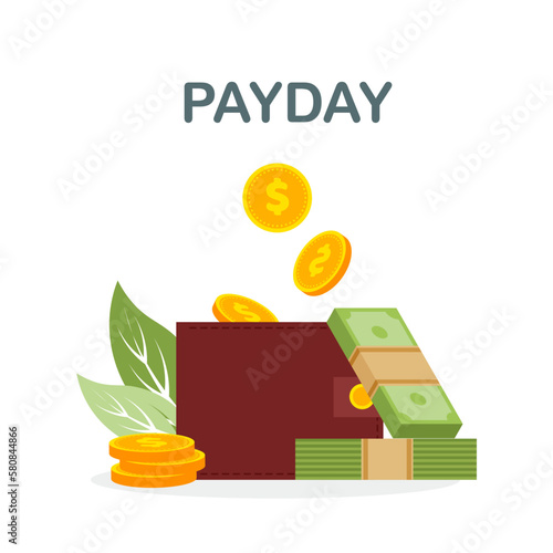 Payment date or payday concept. Coins is falling into wallet or purse. Deadline. Vector illustration isolated on white background.