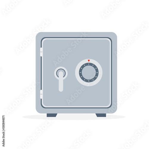 Security metal safe for banknotes, ingots and gold coins. Closed safe box with money and bars. Cash protection. Icon for web, games, apps. Vector illustration isolated on white background.