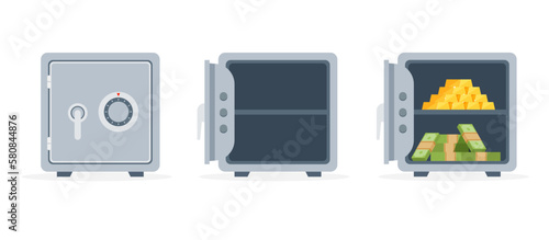 Security metal safe with banknotes and gold ingots. Open and closed safe box with money and bars. Cash protection. Icon for web, games, apps. Vector illustration isolated on white background.