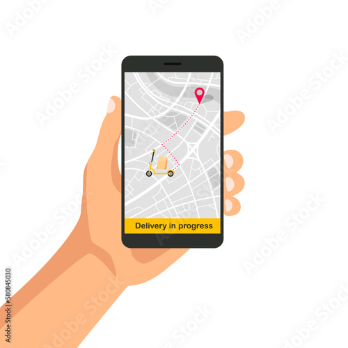 Parcel delivering service. Hand holds phone with fast delivery by scooter on screen. Tracking the movement of the courier on a map. Vector illustration.