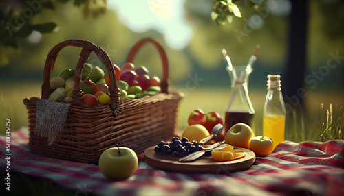 close up fresh and healthy food in picnic scene ,generative AI