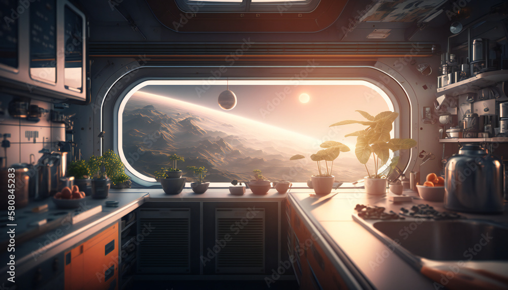 Dining room in Space station with a view into space - Space wallpaper - Generative AI Dining room in Space station with a view into space - Space wallpaper - Generative AI