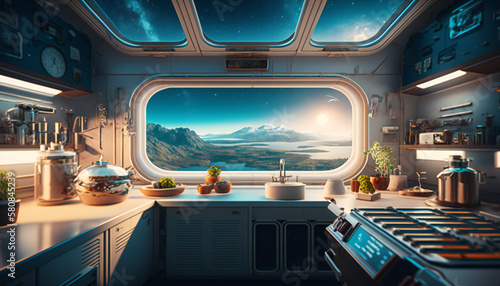 Fototapeta Naklejka Na Ścianę i Meble -  Kitchen in Space station with a view into space  - Space wallpaper - Generative AI