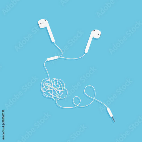 Tangled wires headphone. Vector illustration in trendy flat style isolated on blue background.