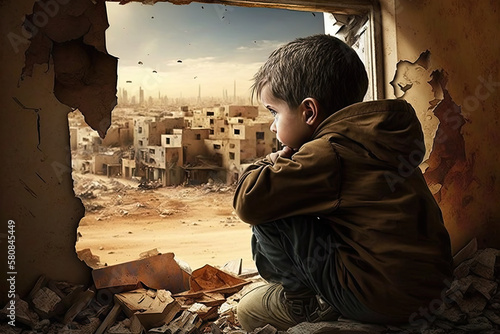 Homeless little boy watching destroyed houses and bombard , generative artificial intelligence photo