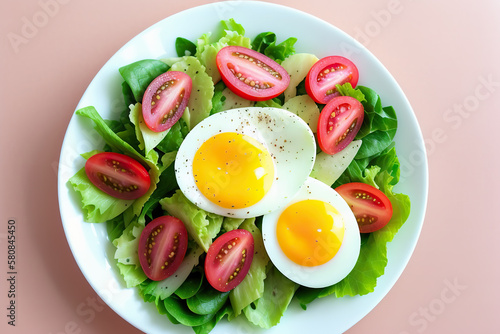 Fresh salad with tomato, boiled eggs and fresh lettuce.