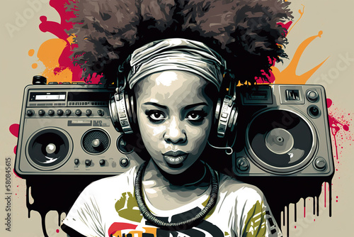Black girl listens hip hop music, portrait of fictional teenager, illustration, generative AI